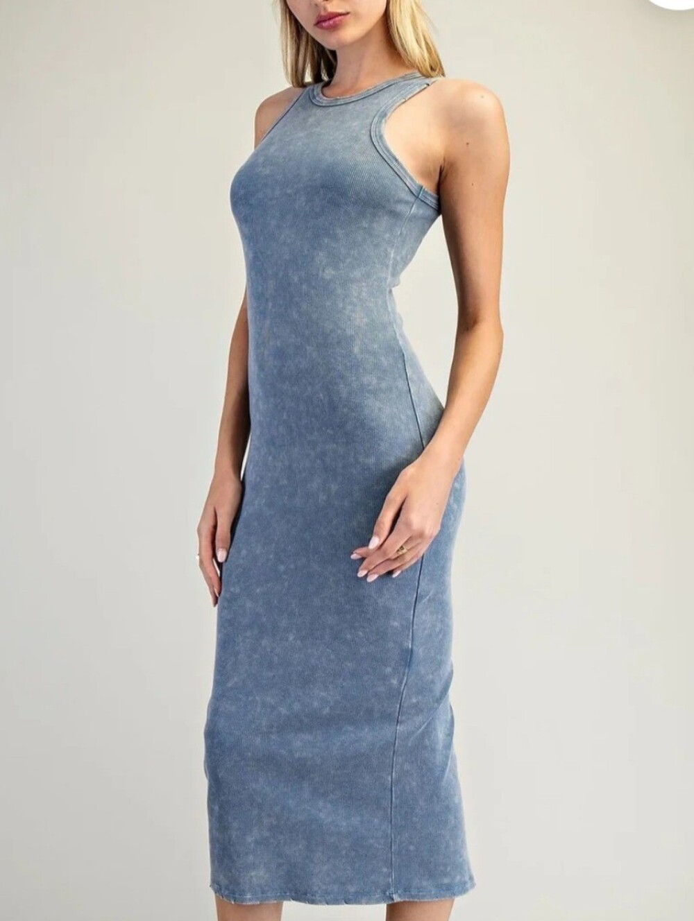 Washed Blue Sleeveless Midi Tank Dress